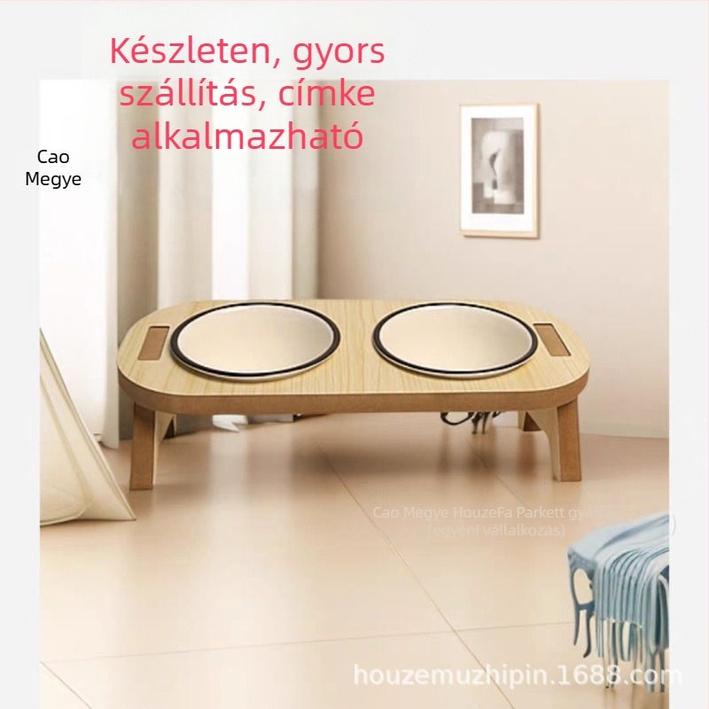 Macska tál tartó állvány kettős tálakkal, nyakvédő, borulás elleni védelem, magas állvány, fa