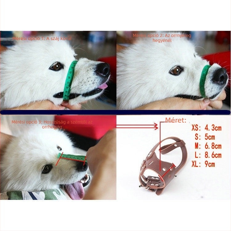 Puha bőrből készült szájkosár kutyáknak, amely megakadályozza a túlzott evést, a harapást és az ugatást; alkalmas Golden Retrieverre és Samoyedre.