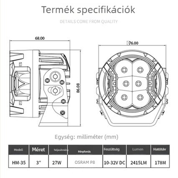 Autó LED spotlámpa - Modell JG-D046, 120W, 12000 lm, 9-32V DC, ADC12 alumínium