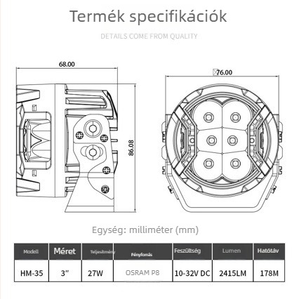 Autó LED spotlámpa - Modell JG-D046, 120W, 12000 lm, 9-32V DC, ADC12 alumínium