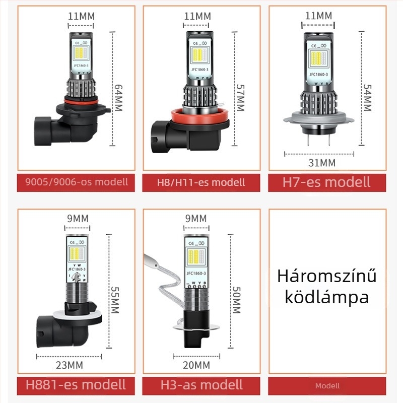 Új modell LED első ködlámpa izzó, vízálló, háromszínű, kompatibilis H7/H11/881/9006