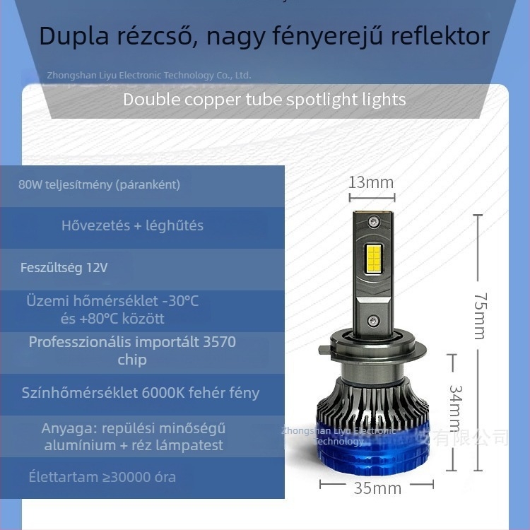 Magas teljesítményű autós LED fényszórók, kettős rézcsővel, ultra-fényes elülső világítás alacsony és magas fénysugárral, kompatibilis H4/H7/H11