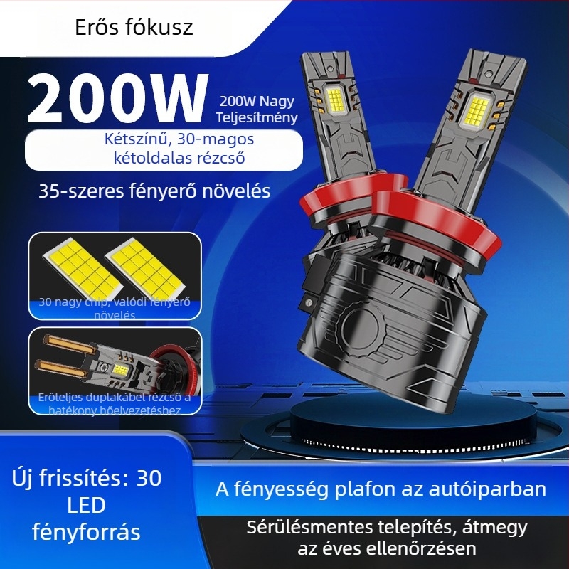 200W LED autófényszóró, nagy teljesítményű, 30 magos LED, H4/H7, cink ötvözet, CANBUS-dekódolás