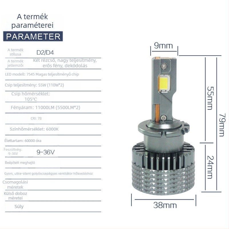 D2S lencsés LED autófényszóró dekóddal, 55W, 12/24V, IP68, 5500LM, 7040 nagy teljesítményű LED