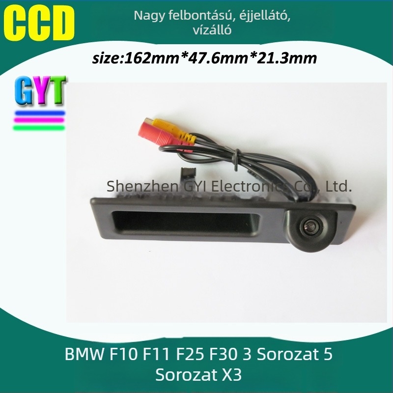 BMW F10/F11/F25/F30 modellhez autóhátsó kamera, 3/5-ös sorozat és X3 — 12V, 170° látószög, 648×480 felbontás, ABS ház, kijelző