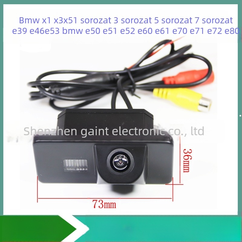 BMW tolató kamera X1 X3 1-es, 3-as, 5-ös, 7-es sorozat és E39 E46 E53 E82 számára; Modell E4; Felbontás 720x540; Tápfeszültség 12V; Nézőszög 170°