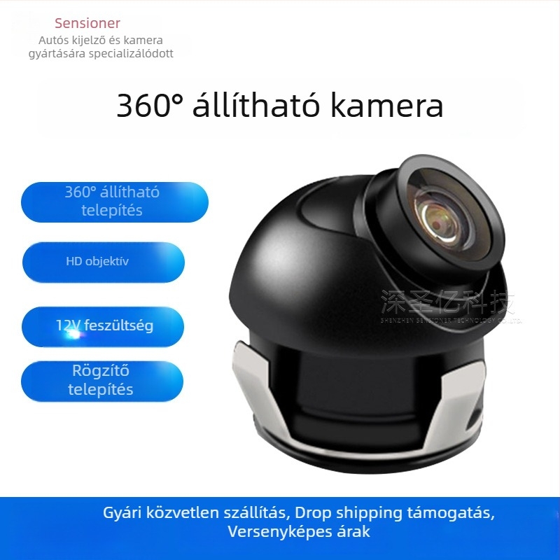 Autóba szerelt tolató kamera, 360° látómező, állítható, 18,5 mm-es furattal, előre- és oldalnézet, holttérfigyelés