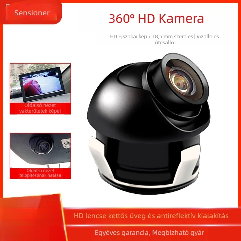 Autóba szerelt tolató kamera, 360° látómező, állítható, 18,5 mm-es furattal, előre- és oldalnézet, holttérfigyelés