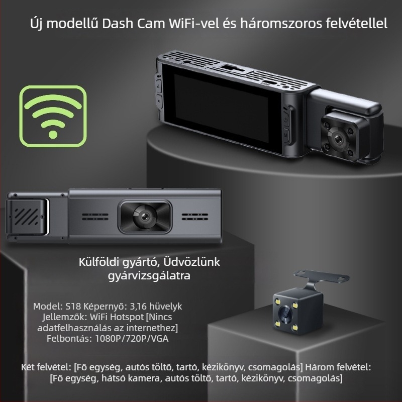 Háromcsatornás WiFi autós dash cam, 3,16 hüvelykes kijelző, 1080p éjjellátás