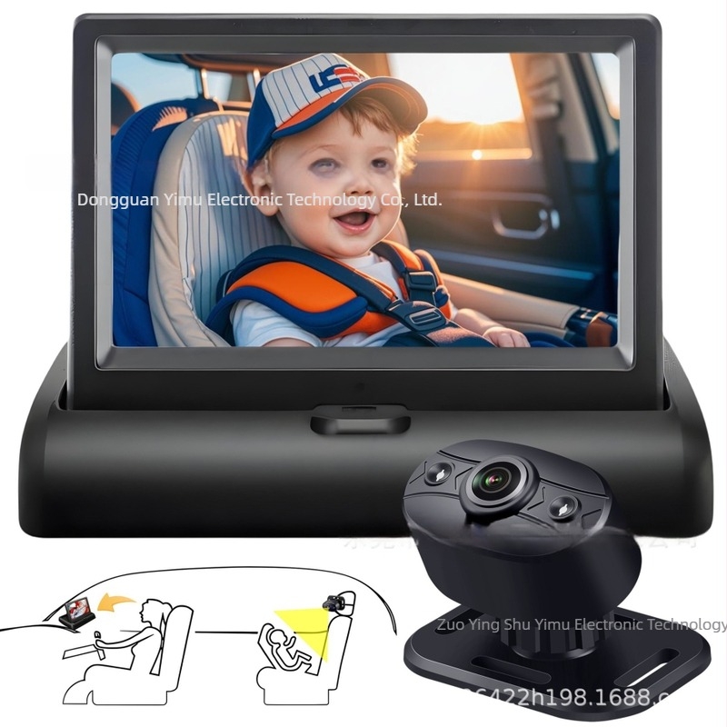 KB40 Autós babamonitor HD kamerával, univerzális kompatibilitás, 12V tápegység, 360° látómező, 480p felbontás