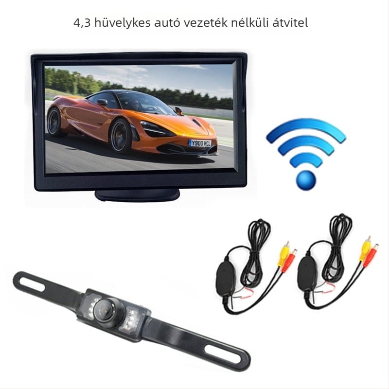 Autó hátsó kamera kijelzővel, 2,4G vezeték nélküli modul, infravörös rendszámtábla-kamera, tolató kép, 120° látószög, 480x272 felbontás