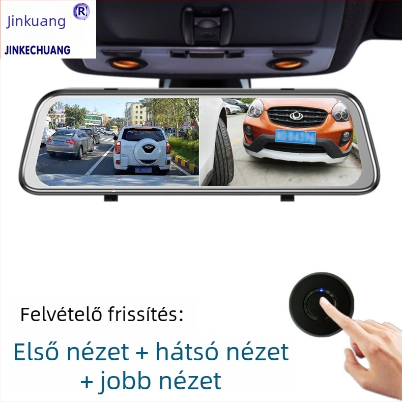 Jobboldali holttér-figyelő rendszerrel ellátott autós dash kamera, vezeték nélküli távirányítóval és visszapillantó tükrön keresztüli streaminggel — Modell JKC-WXMQ-A1, 1080P felbontás, 5V tápegység, 90° állítható látószög, 6.8G ütésállóság