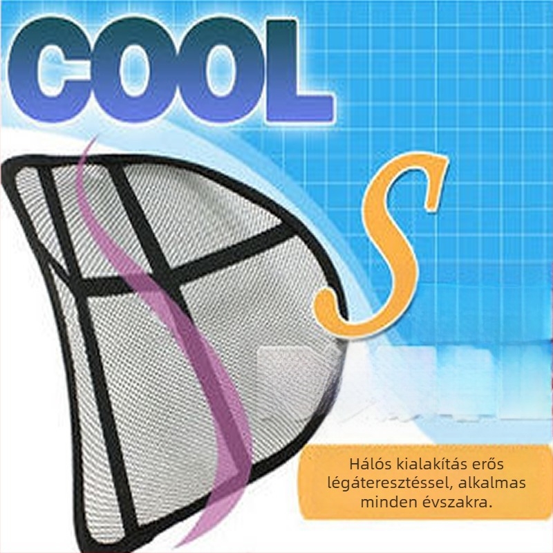 Autó belső deréktámasz légáteresztő hálós felülettel, hálós töltetű megerősítés, fekete háló mintázat, logó nyomtatás, licencelt magáncímke