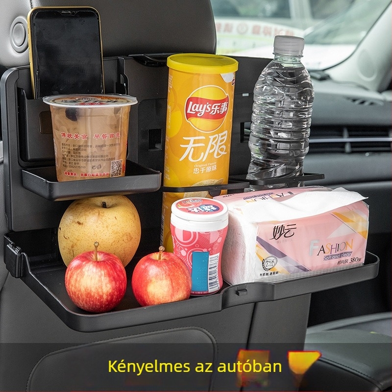 Autó hátsó üléséhez készült tálca összecsukható pohártartóval, ABS anyagból, SY-0797 modell, a hátsó ülés hátához rögzíthető