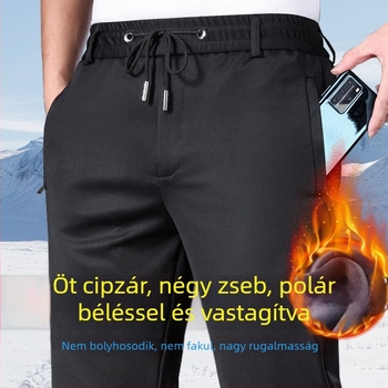 Férfi téli fleece-béléssel ellátott, elasztikus derekú, egyenes szárú nadrág, csíkos mintával