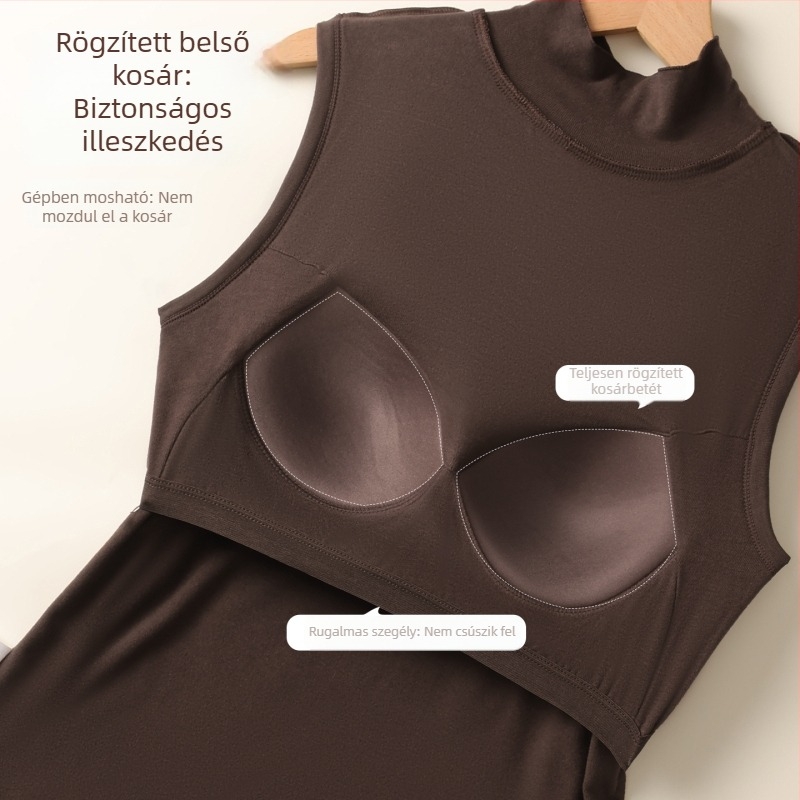 Női magas nyakú termosz camisole, töltés a mellnél, rövid ujjatlan, karcsú szabás, belső fleece bélés