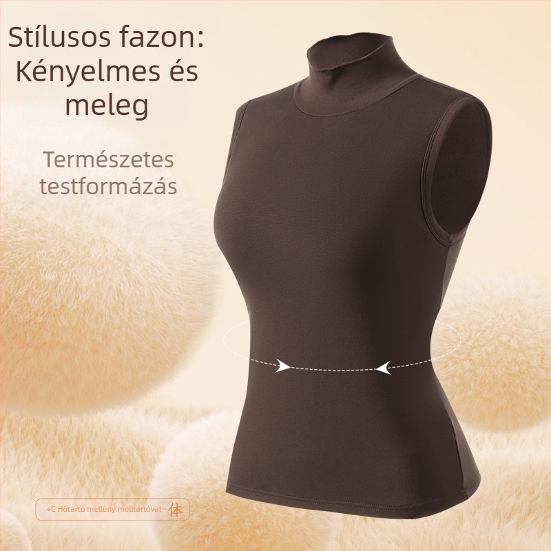 Női magas nyakú termosz camisole, töltés a mellnél, rövid ujjatlan, karcsú szabás, belső fleece bélés