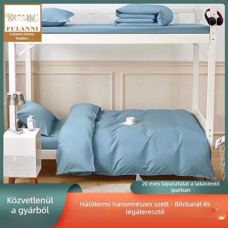 Háromrészes egyszínű ágyneműkészlet diák kollégiumhoz, emeletes ágyhoz, egyszemélyes méret, 100% pamut.