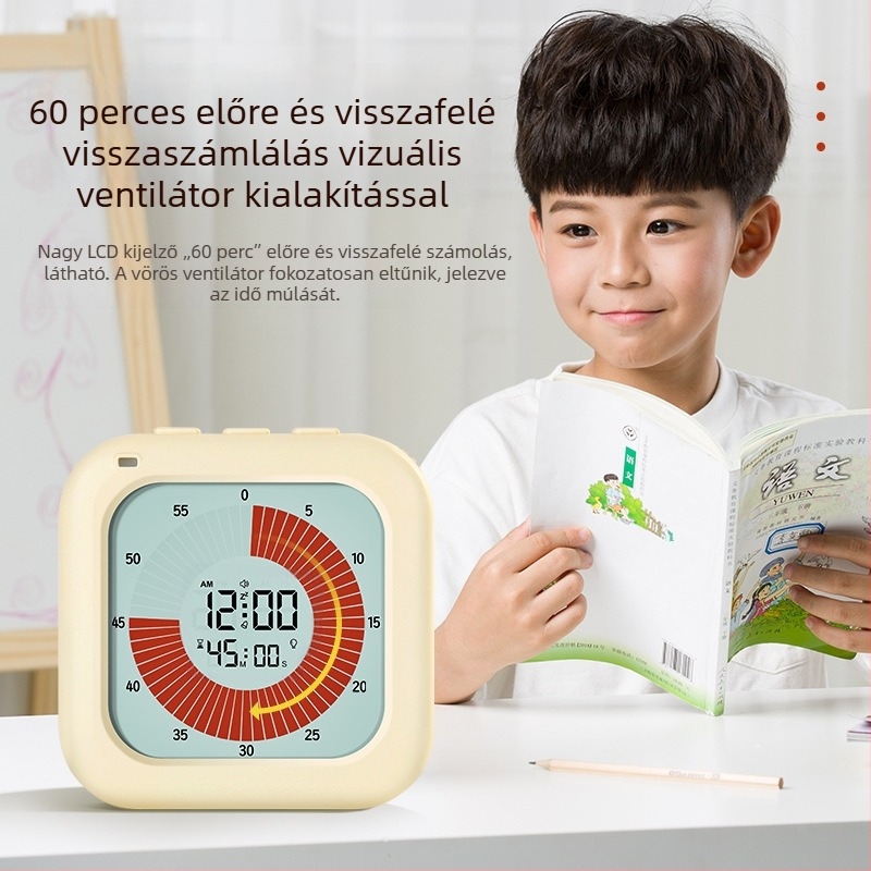 Vizuális időzítő önfegyelmezéshez diákok számára — Elektronikus működés, LCD kijelző, négyzet alakú műanyag ház, elemről működik