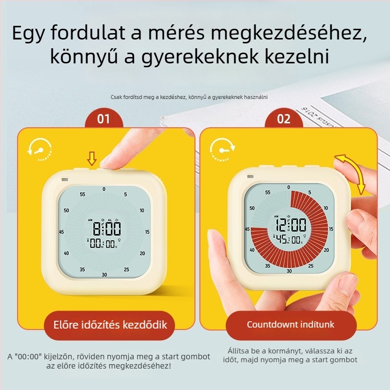 Vizuális időzítő önfegyelmezéshez diákok számára — Elektronikus működés, LCD kijelző, négyzet alakú műanyag ház, elemről működik