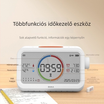 Duke többfunkciós elektronikus óra ébresztővel, hőmérővel és páratartalom-mérővel; LED kijelző analóg mutatóval és digitális kijelzéssel; négyzet alakú; elemről működik; alkalmas hálószobába, dolgozószobába és irodába
