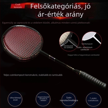 Badminton ütő teljes szénszálból, ultra-könnyű, egyenes nyelet, tömeg 75–79 g, selyemrostos húrozás