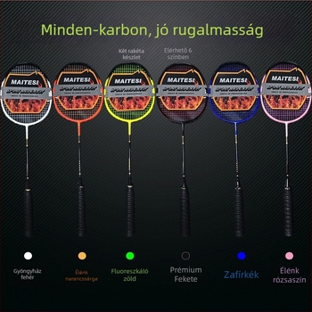 Badminton ütő teljes szénszálból, ultra-könnyű, egyenes nyelet, tömeg 75–79 g, selyemrostos húrozás