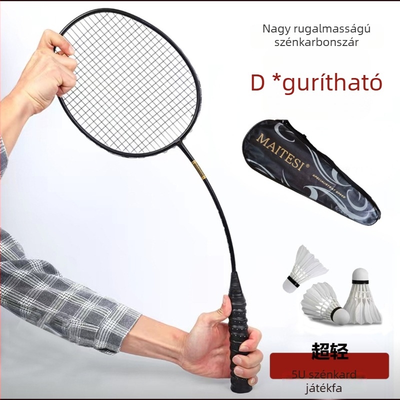 Badminton ütő teljes szénszálból, ultra-könnyű, egyenes nyelet, tömeg 75–79 g, selyemrostos húrozás