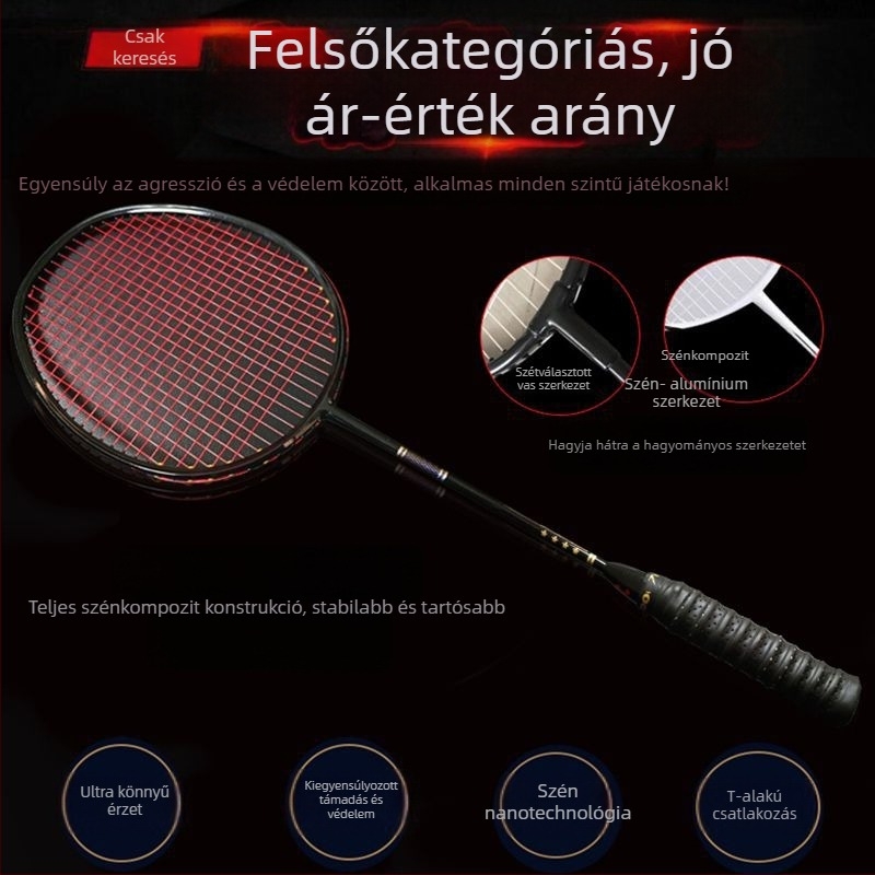 Badminton ütő teljes szénszálból, ultra-könnyű, egyenes nyelet, tömeg 75–79 g, selyemrostos húrozás