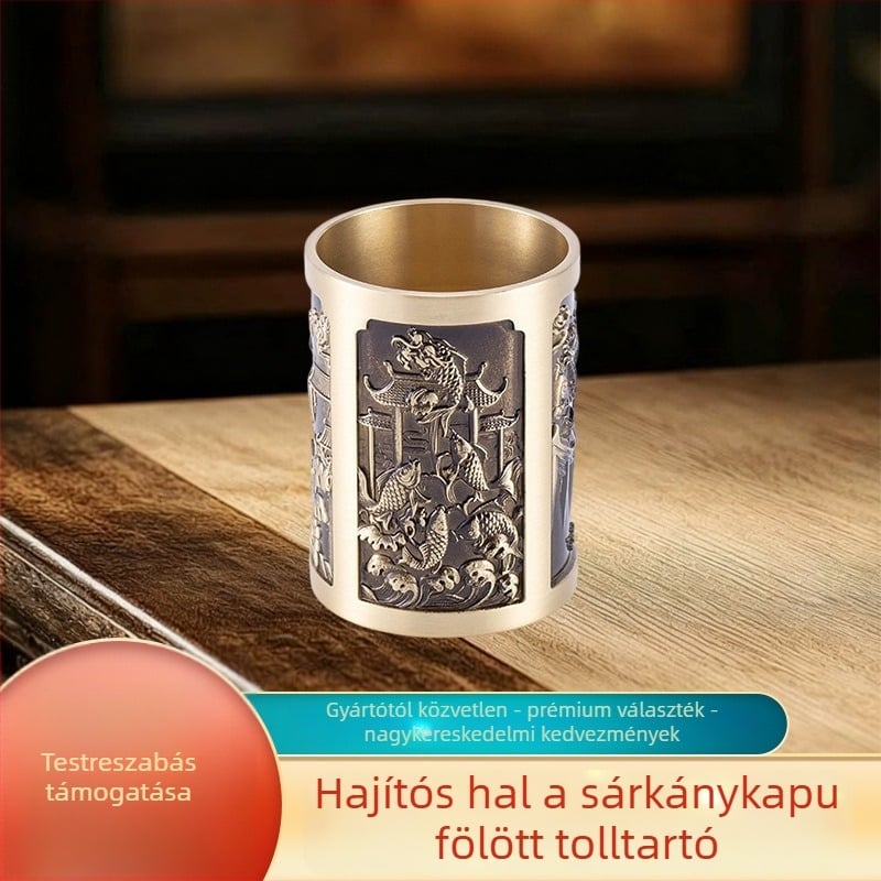 Írószertartó halat ugráló sárkánykapu motívummal, réz, modern minimalist stílus, öntvény kivitelezés, üzleti ajándéknak megfelelő
