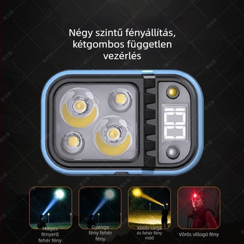 LED fejlámpa digitális kijelzővel, akkumulátoros működés, 500 m sugarú fénysugár, 6 óra üzemidő, súly 52 g