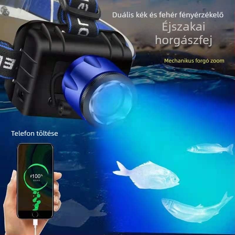 LED fejlámpa kettős fehér–kék LED-del, újratölthető, 120W, 5000mAh, 200–500 m hatótávolság