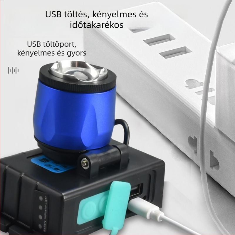LED fejlámpa kettős fehér–kék LED-del, újratölthető, 120W, 5000mAh, 200–500 m hatótávolság