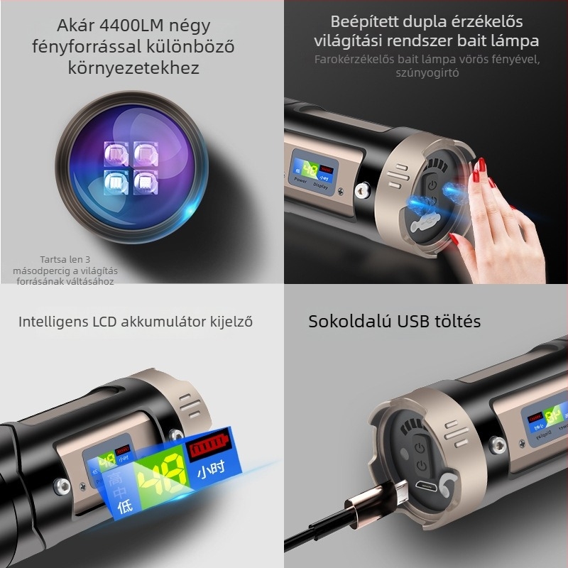 LED horgász lámpa négy fényforrással, zoomolható, 360°-os forgás, vízálló, maximális hatótávolság 200-500 m