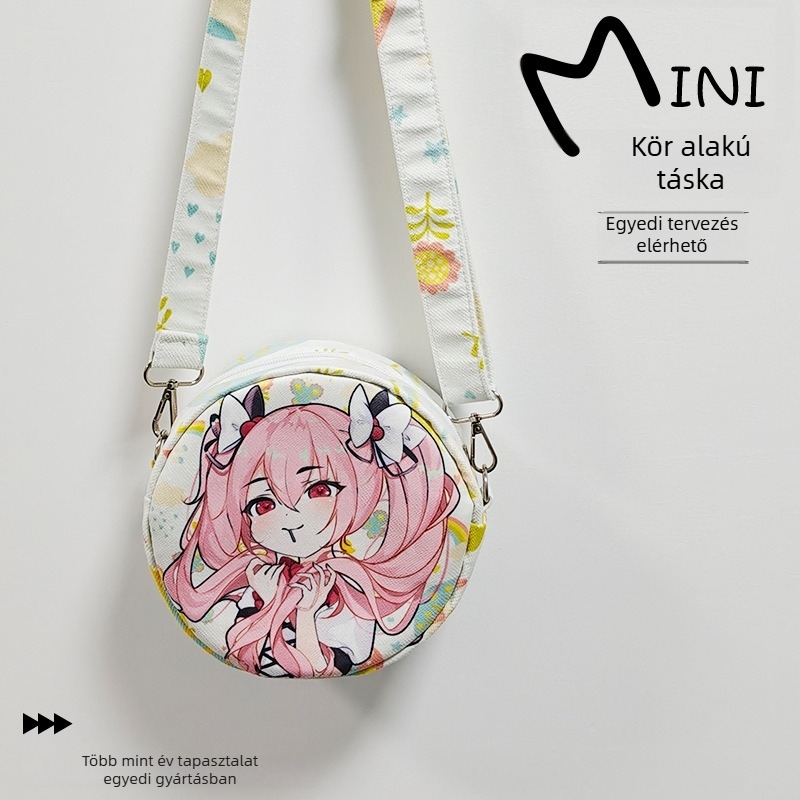 Női japán stílusú karikatúra crossbody táska, jacquard vászon, kerek forma, cipzáras nyitás, laminált belső zseb