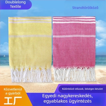 Bojtos strandtörölköző napvédő kendővel, gyorsan száradó, csíkos, poliészter-pamut keverék, nagy méret külső használatra