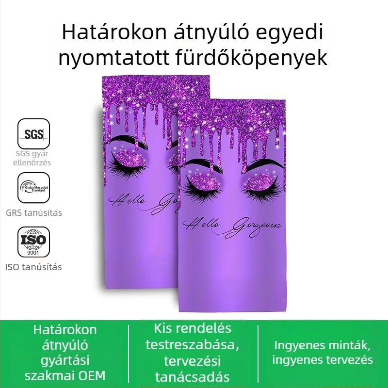 Mikroszálas fürdőlepedő, kétoldalas velúr, digitális nyomtatás logó testreszabással, testre szabható, tömeg 200–300 g