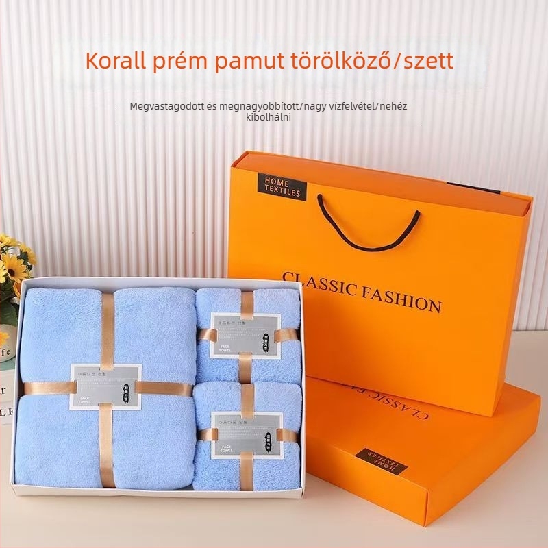Korall fleece fürdőlepedő-készlet ajándékdobozban, 230 g, egyszerű szövés, logónyomás elérhető.