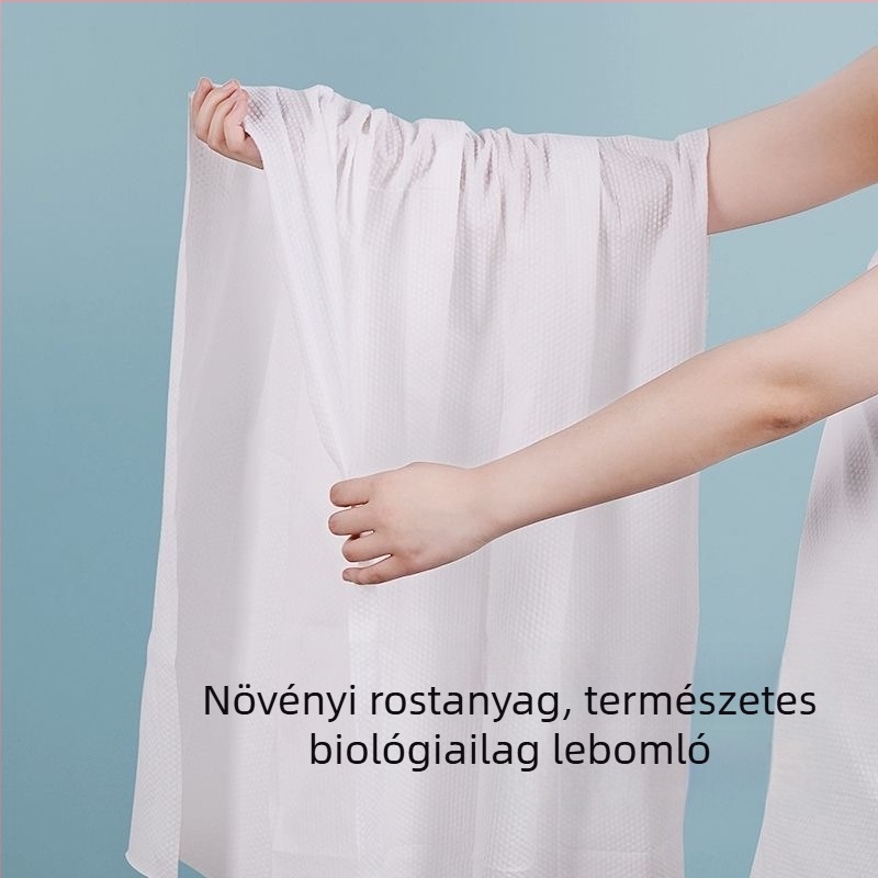Egyszer használatos fürdő törölköző, vastított és megnövelt, hordozható és puha; poliészter anyag; gyapot tartalom; szövés: sima szövés
