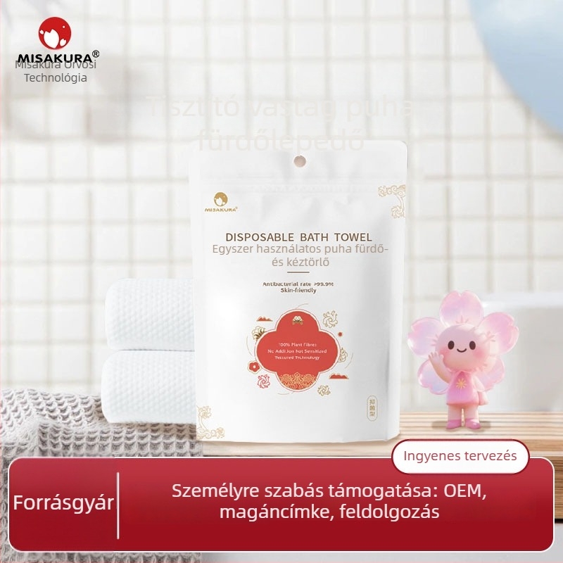 Egyszer használatos hotelszobai törölköző, egyenként csomagolva, megerősített finom rostokból, pamut és növényi rostok tartalommal, gyors nedvszívás 5–10 s