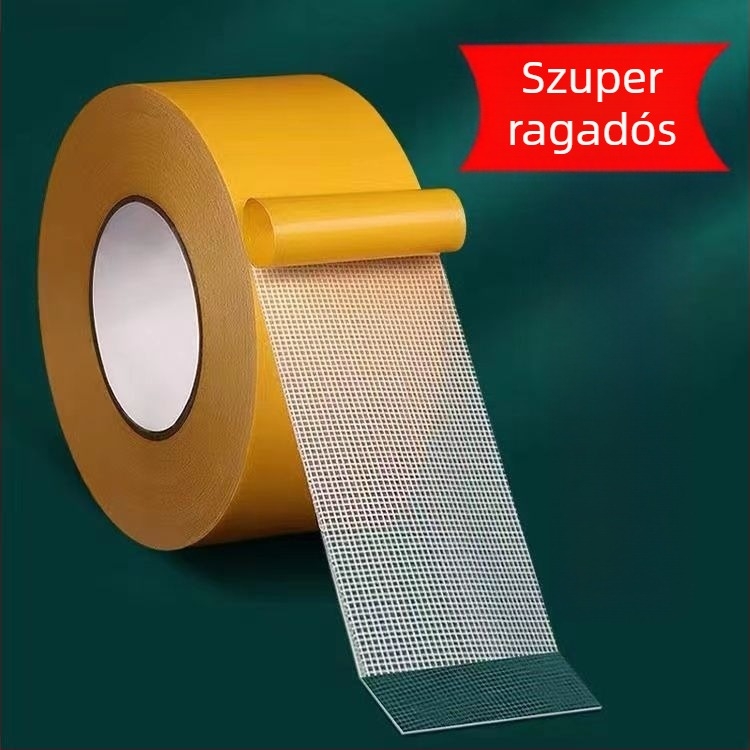 Szövetalapú kétoldalas ragasztószalag, átlátszó, tépőhálóval, nyom nélkül.