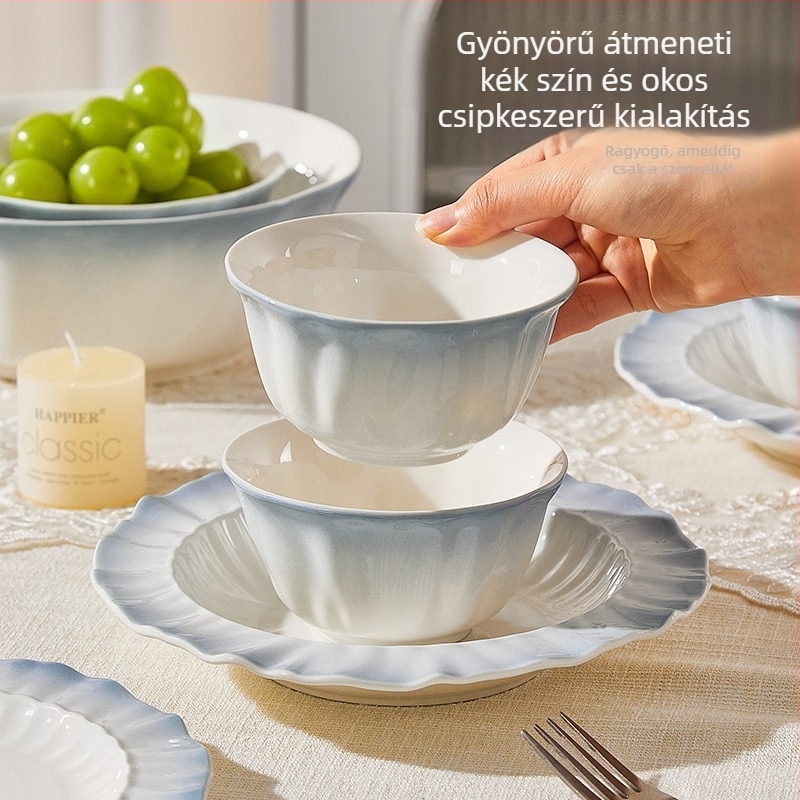 Porcelán étkészlet alá-glazúros virágos mintával, kerek forma, mikrohullámú sütőben használható