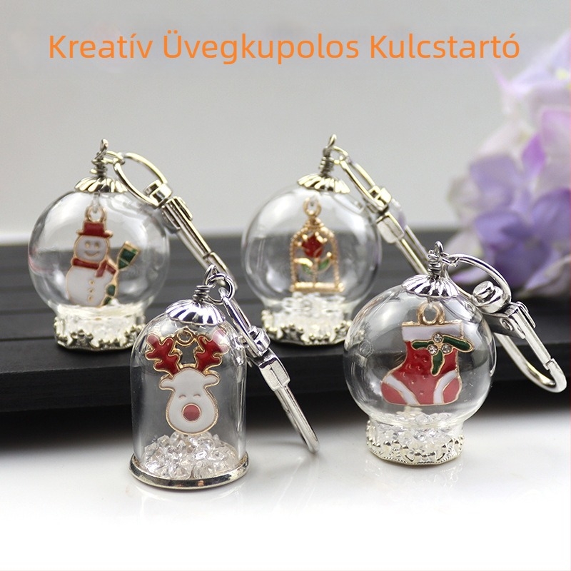 Kulcstartó medál Mikulás- és hóember-motívummal és karácsonyfával, üveg és lazurit anyagú, édes stílusú, ajándékhoz kész