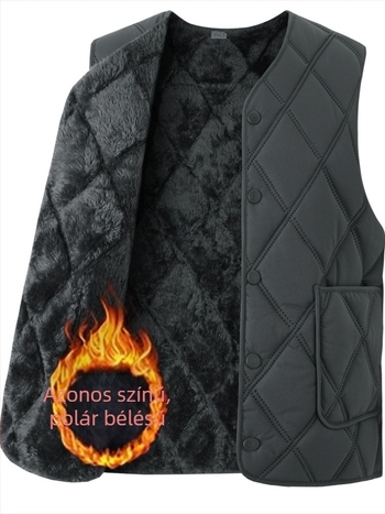 Férfi pamut mellény fleece-béléssel, vastag téli viselet, kapucnival, V-nyakú, cipzárral, egyszínű, három zsebbel