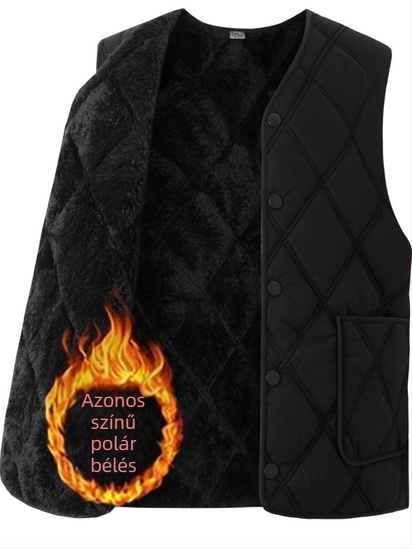 Férfi pamut mellény fleece-béléssel, vastag téli viselet, kapucnival, V-nyakú, cipzárral, egyszínű, három zsebbel