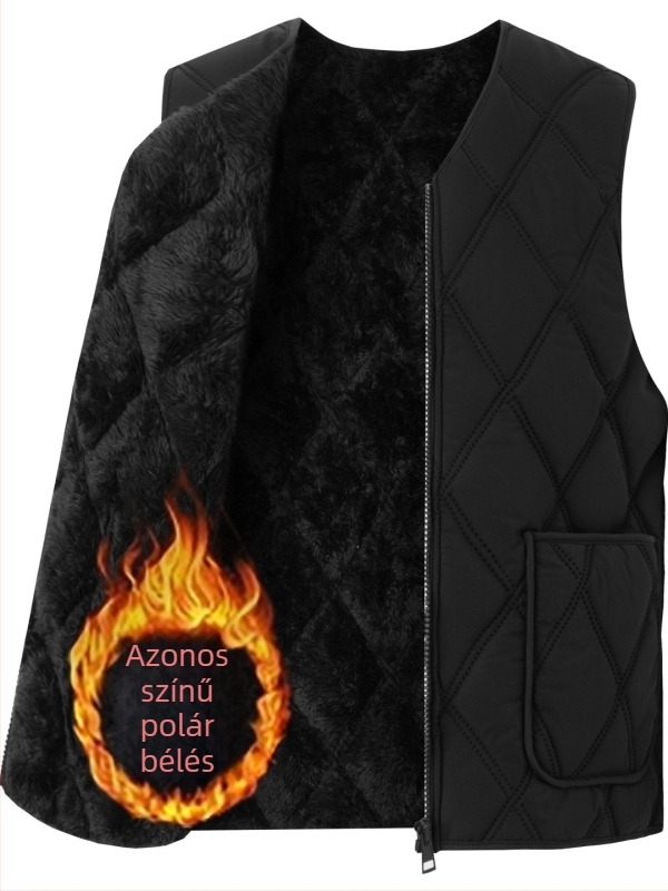Férfi pamut mellény fleece-béléssel, vastag téli viselet, kapucnival, V-nyakú, cipzárral, egyszínű, három zsebbel