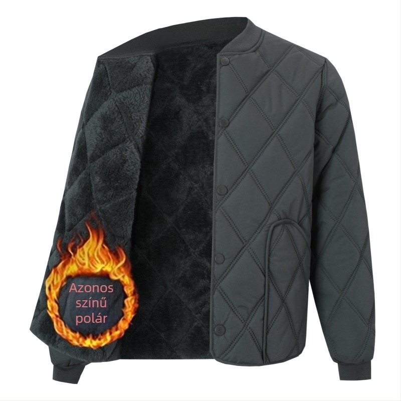 Férfi pamut mellény fleece-béléssel, vastag téli viselet, kapucnival, V-nyakú, cipzárral, egyszínű, három zsebbel