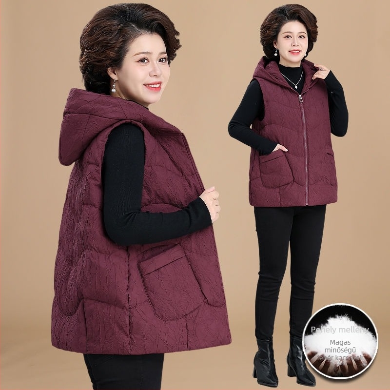 Női téli tollmellény, polo gallérral, Chenille anyag Spandex-szel, töltet: kacsa toll, hossz 50–65 cm