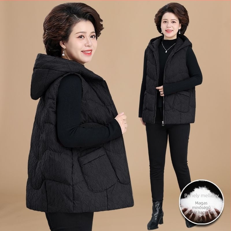Női téli tollmellény, polo gallérral, Chenille anyag Spandex-szel, töltet: kacsa toll, hossz 50–65 cm