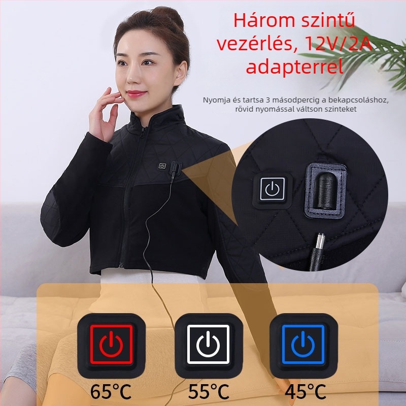 Elektromos melegítő vállöv szénfűtőkábellel, 12V, 24W, 45–65°C, háromfokozatú hőmérsékletszabályozás